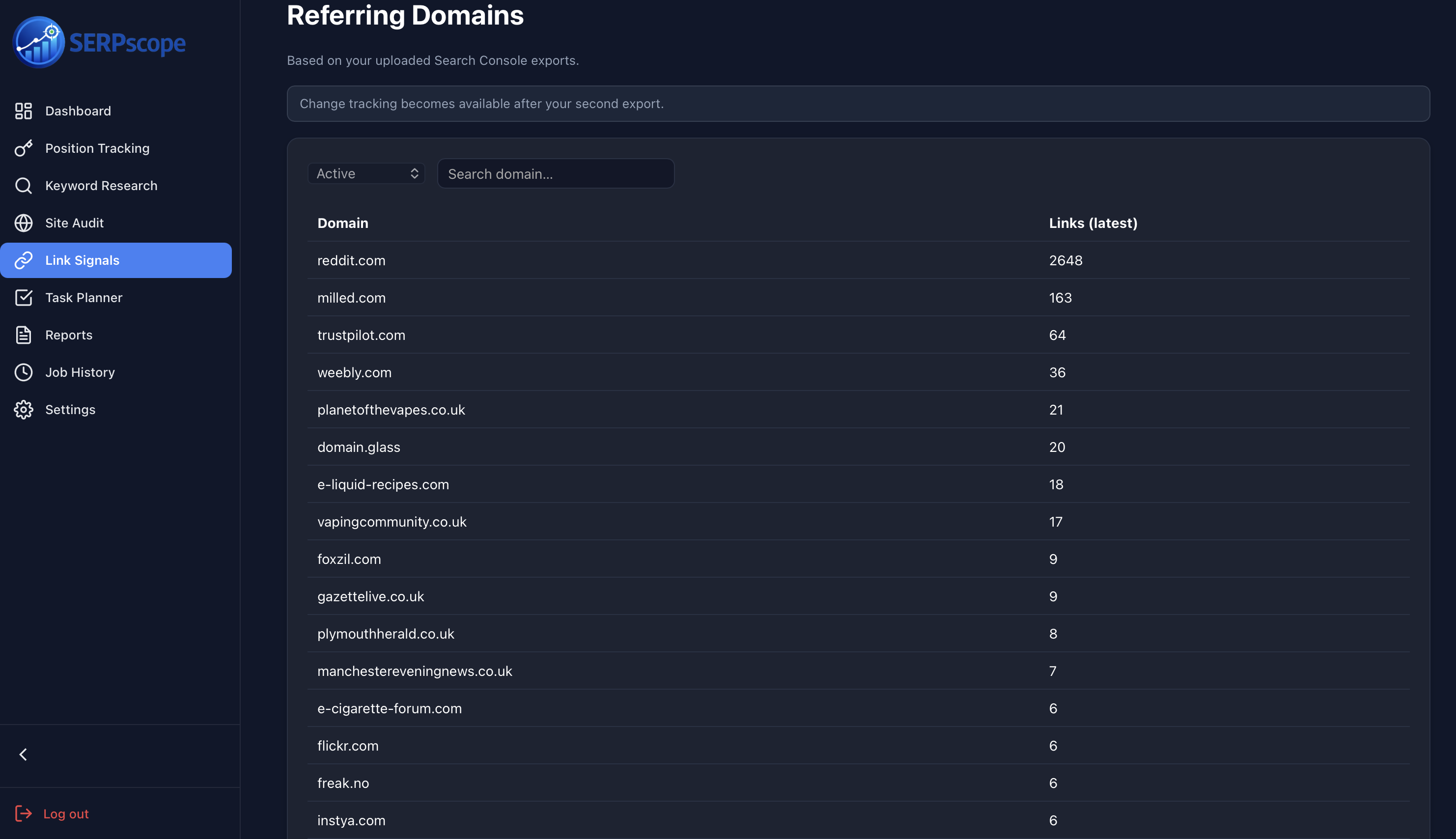 Backlink and link signals dashboard with trend overview